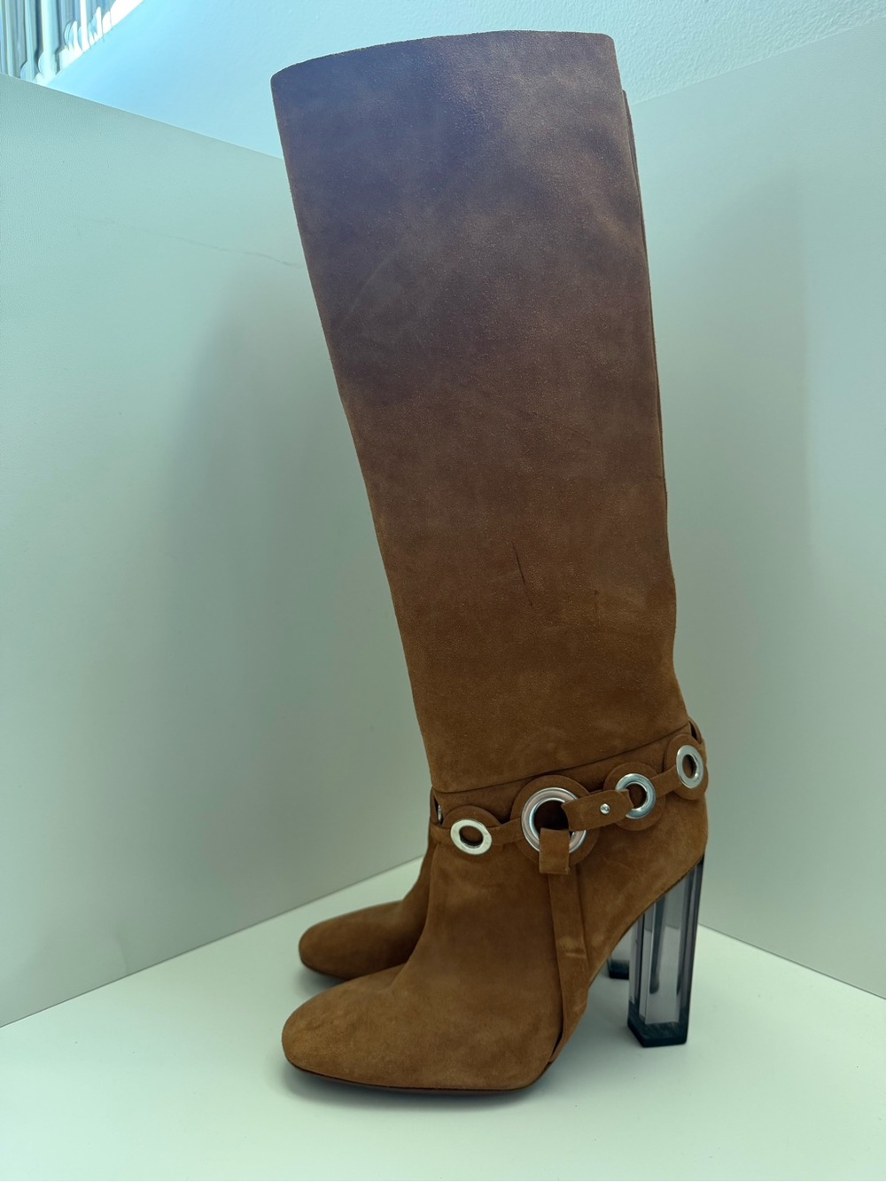 Emilio Pucci Tan Suede Knee-High Boots with Grommet Strap